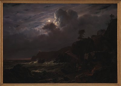 Vista de Kullen na Suécia. Contrabandistas escondendo seus bens entre as rochas. Luar de Louis Gurlitt