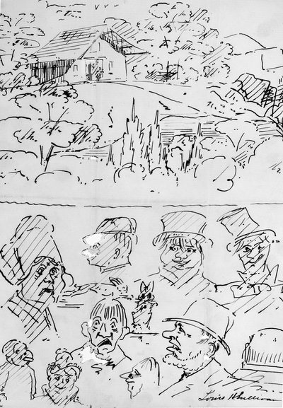 Paisagem com edifício (em cima) e Estudos de cabeças caricaturais (em baixo) de Louis H. Sullivan