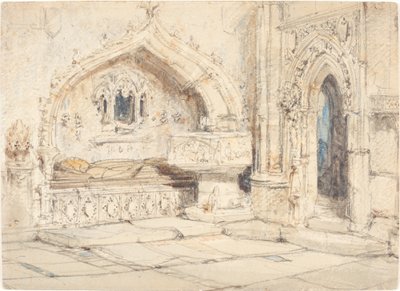 Interior de uma igreja com um túmulo de parede e fonte medieval de Louis Haghe