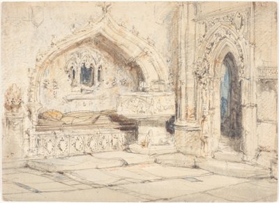 Interior de uma igreja com um túmulo de parede e uma pia baptismal medieval de Louis Haghe