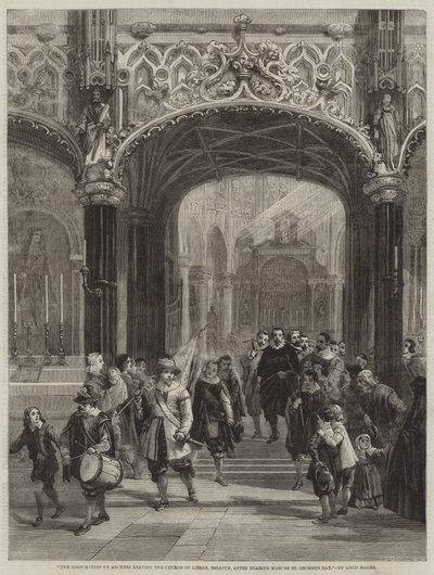 A Corporação dos Arqueiros deixando a Igreja de Lierre, na Bélgica, depois de ouvir a missa no dia de São Jorge de Louis Haghe