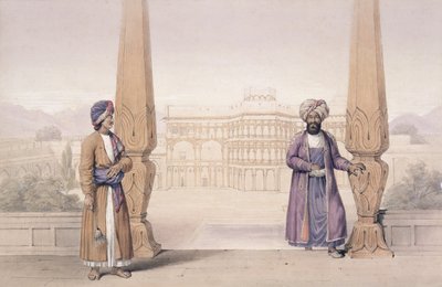 Um Dooranee Noble e seu assistente no palácio em Candahar, de &39;Personagens e trajes do Afeganistão&39; escrito pelo capitão Lockyer Willis Hart, publicado em 1843 de Louis Hague