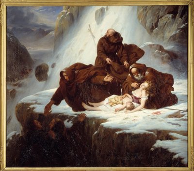 Os religiosos no hospício de São Gotardo (San Gottardo) dando alívio às famílias afetadas pelos bandidos Pintura por Louis Hersent (1777-1860) 1824 de Louis Hersent