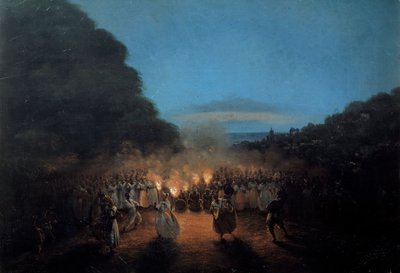 O Bamboula uma vez dança bambu (ou varas) na cena da dança dos escravos negros das Índias Ocidentais à luz de tochas. Pintura de Honore Gamain (1803-1871) século XIX La Rochelle, Museu do Novo Mundo de Louis Honore Gamain