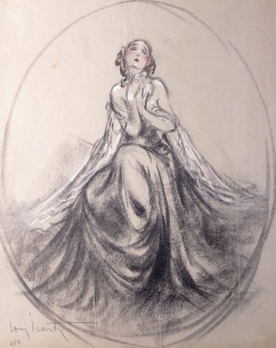 Uma senhora sentada em pose teatral de Louis Icart