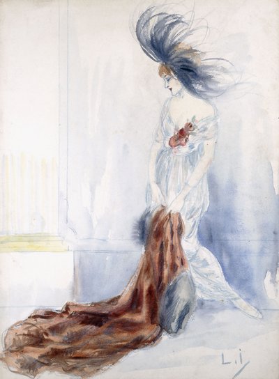 Senhora Elegante com Chapéu de Ameixa e Casaco de Pele de Louis Icart