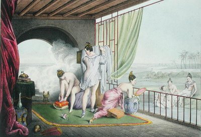 Os pais no seu banheiro, publicado em 1824-27 (cor litho) de Louis Jacques Nicolas Schaal