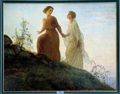 O poema da alma; Na montanha, uma jovem mulher acompanhada por uma musa sobe uma montanha num ambiente lírico. Pintura de Louis Janmot (1814-1892) Século XIX. Lyon, Musee Des Beaux Arts - O poema da alma - Sobre a Montanha: uma jovem mulher acomodada de Louis Janmot