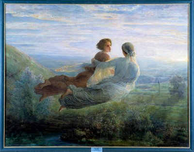 O poema da alma; O vôo da alma, uma jovem mulher levantada no ar acima de uma paisagem verde e acompanhada por uma musa em uma atmosfera lírica. Pintura de Louis Janmot (1814-1892) Século XIX. Lyon, Musee Des Beaux Artsv- O poema da alma: t de Louis Janmot