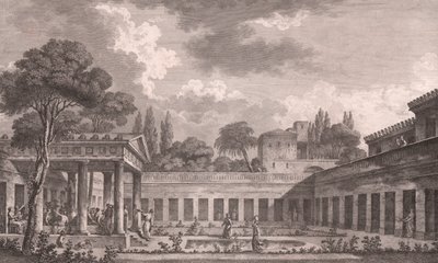Reconstrução ideal da Villa de Diomedes em Pompeia para o seu estado original antes da erupção vulcânica do Monte Vesúvio em 79 d.C., Campania, Itália, gravura após desenho de Louis Jean Desprez (1743-1804), cerca de 21x34 cm de Louis Jean (after) Desprez