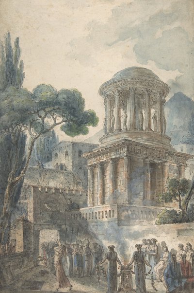 Cena antiga com uma cerimônia fúnebre para um ator, ca. 1777. de Louis Jean Desprez