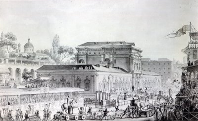 Antiguidades encontradas no Herculano sendo transportadas para o Museu de Nápoles, c.1782 (caneta, tinta e aquarela sobre papel) de Louis Jean Desprez