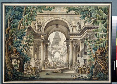 ""La procession au temple"" (Procissão em um templo) Cenografia para uma peça. Aquarela de Louis Jean Desprez (1743-1804) Museu Pushkin, Moscou de Louis Jean Desprez