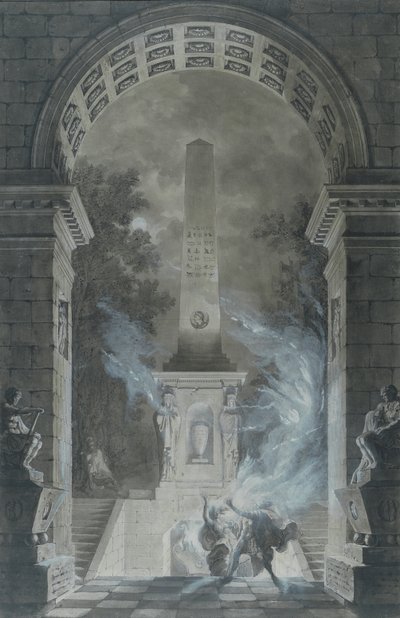 Cena da tragédia de Semiramis por Voltaire (1694-1778) (caneta e tinta e wc no papel) de Louis Jean Desprez