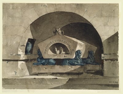 Sepulcro em estilo egípcio com esfinges e uma coruja de Louis Jean Desprez