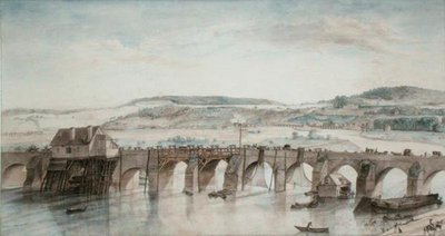 As Duas Pontes (Saint-Cloud e Sevres) (caneta e tinta e aguarela sobre papel) de Louis Jean Desprez