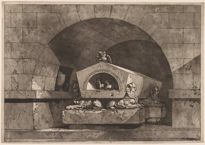 Túmulo com esfinge: monumento funerário com uma coruja em um sarcófago apoiado por esfinge, c. 1779-84. de Louis Jean Desprez