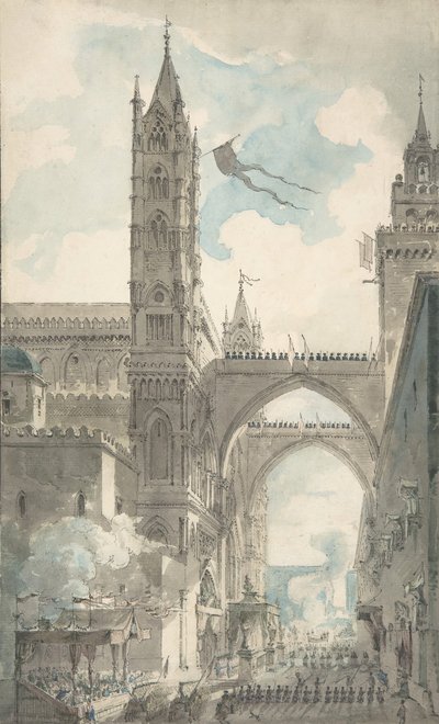 Vista do Portal e Entrada Principal da Catedral de Palermo durante o Festival..., n.d. de Louis Jean Desprez