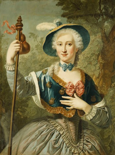 Retrato de uma senhora, comprimento de três quartos, vestido como um peregrino e usando um chapéu de palha forrado de azul e penas, 1747 de Louis Jean François Lagrenée
