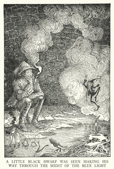 Um anãozinho negro foi visto abrindo caminho no meio da luz azul (litho) de Louis John Rhead