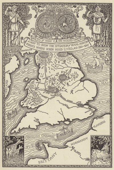 Um mapa para mostrar a situação das Florestas Reais de Caça onde Robin Hood viveu, AD 1160-1247 de Louis John Rhead