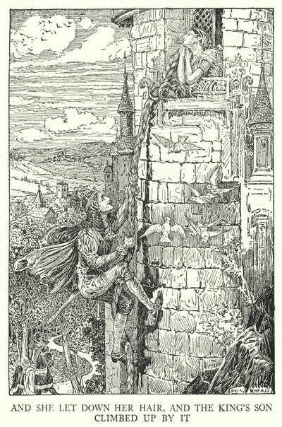 E ela soltou o cabelo, e o filho do rei subiu por ele (litho) de Louis John Rhead