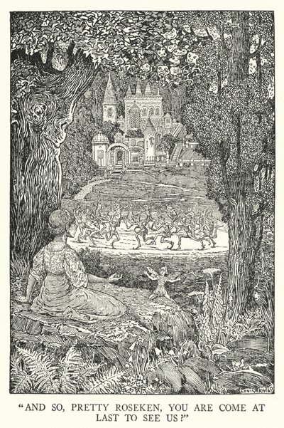 "E então, linda Roseken, vieste finalmente para nos ver?" (litho) de Louis John Rhead