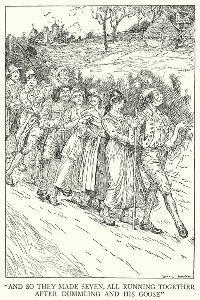 "E assim eles fizeram sete, todos correndo juntos depois de Dummling e seu ganso" (litho) de Louis John Rhead