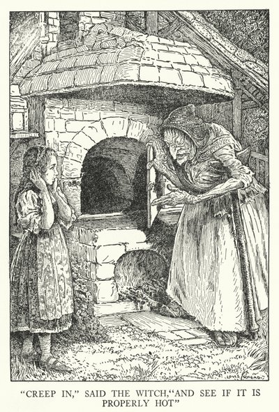 "Entra", disse a bruxa, "E vê se está bem quente" (litho) de Louis John Rhead