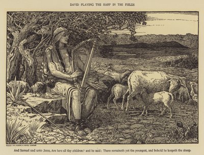 David tocando harpa nos campos de Louis John Rhead