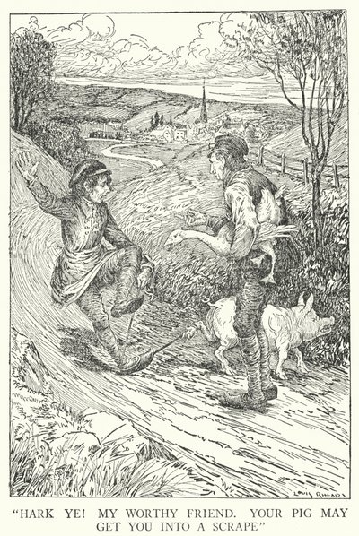 "Ouçam! Meu digno amigo, o teu porco pode levar-te a um raspão" (litho) de Louis John Rhead
