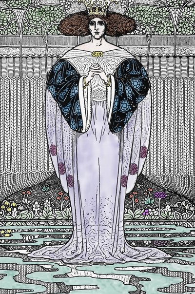 Representação da Senhora do Lago (Nimue, Viviane) Ilustração de Louis Rhead (1858-1926) para "O Rei Artur e os seus cavaleiros" de Louis John Rhead