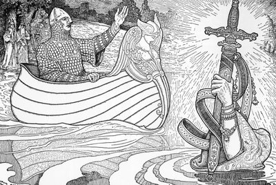 Representação da Senhora do Lago (fee viviane), personagem das lendas arturianas, dando ao Rei Artur a epee Excalibur (lenda arturiana): Lady of the Lake (Nimue, Viviane), dando ao Rei Artur a sua espada Excalibur) Ilustração de Louis Rhead (1858-1 de Louis John Rhead