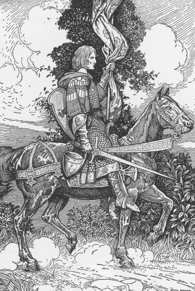 Sir Tristam montado no castelo de Tintagil Ilustração de Louis Rhead (1858-1926) de "King Arthur and his knights" 1923 Colecção privada de Louis John Rhead