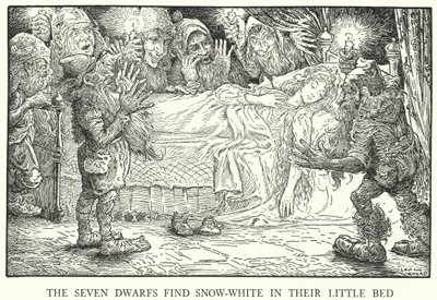 Os Sete Anões encontram a Branca de Neve na sua pequena cama (litho) de Louis John Rhead