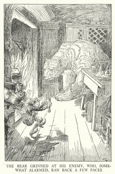 O urso sorriu para o seu inimigo, que, um pouco alarmado, correu alguns passos atrás (litho) de Louis John Rhead