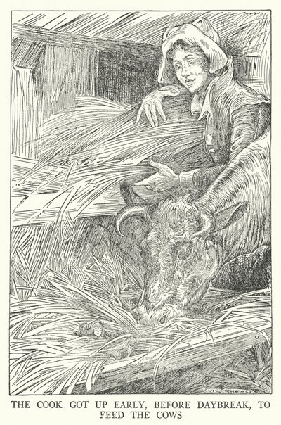 O cozinheiro levantou-se cedo, antes do amanhecer, para alimentar as vacas (litho) de Louis John Rhead