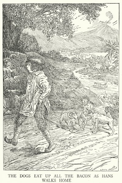Os cães comem todo o bacon enquanto Hans caminha para casa (litho) de Louis John Rhead