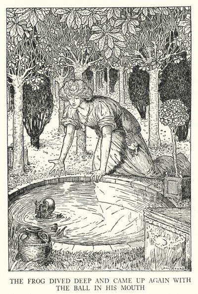 O sapo mergulhou fundo e voltou a subir com a bola na boca (litho) de Louis John Rhead