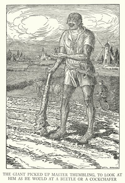 O gigante pegou o Mestre Thumbling, para olhar para ele como se ele fosse um besouro ou uma besouro (litho) de Louis John Rhead