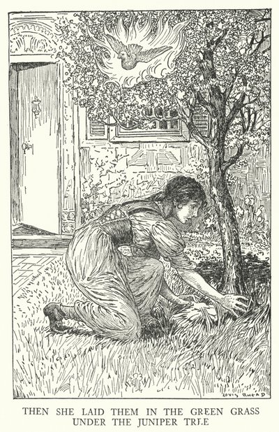 Ela colocou-os na relva verde debaixo do zimbro (litho) de Louis John Rhead