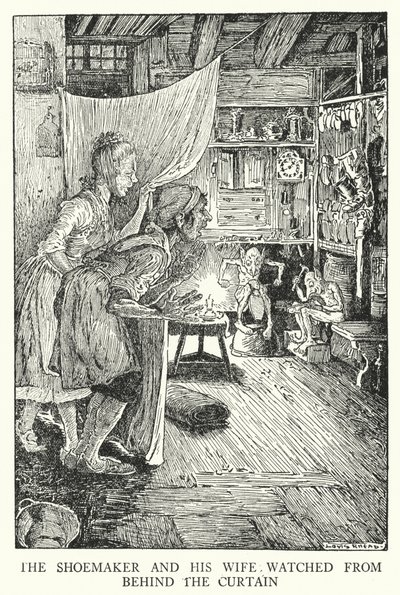O sapateiro e sua esposa assistiram por trás da cortina (litho) de Louis John Rhead