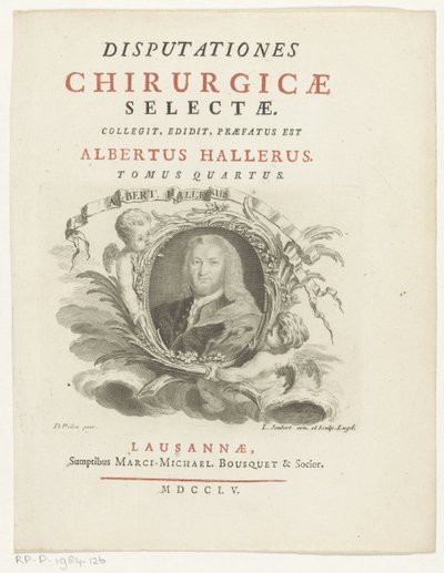 Retrato de Albrecht von Haller
Albert Hallerus (título sobre o objecto)
Página de título para: Albrecht von Haller, Disputationes chirurgicae selectae, 1755 de Louis Joubert