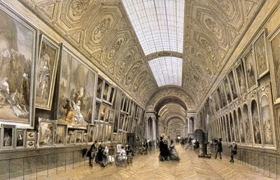 A Grande Galerie, museu do Louvre, c.1850 (desenho) de Louis Jules (after) Arnout