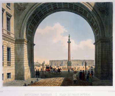 A Praça do Palácio, vista do Arco da Sede do Exército Principal (São Petersburgo) Litografia de Louis Jules Arnout (1814-1868), colorida em aguarela, 25,2 x 33,5 cm, ca. 1840. Arte francesa de Louis Jules Arnout