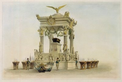 O caixão de Napoleão I Bonaparte (1769-1821) na Igreja de Les Invalides (Paris, França). (Caixão de Napoleão na Igreja dos Inválidos). Trabalho de Louis Jules Arnout (1814-1868), litografia e aguarela. Arte francesa do século XIX, classicismo. de Louis Jules Arnout