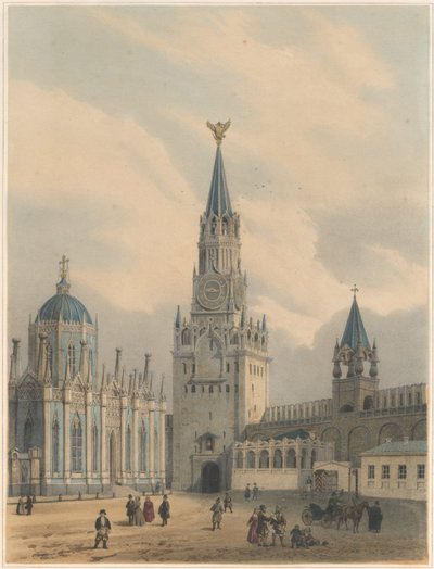 Os portões do Salvador da Torre Spasskaya e o convento da Igreja de Ascensão de Santa Catarina no Kr de Moscou de Louis Jules Arnout