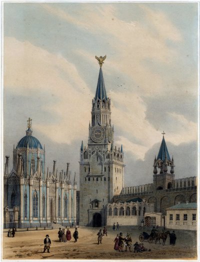 "A Torre Spasskaya (Portas do Salvador) e a Igreja de Santa Catarina do Convento da Ascensão no Kremlin de Moscovo Litografia de Louis Jules Arnout (1814-1868) - 1 de Louis Jules Arnout