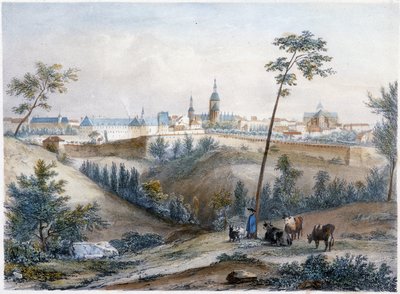 Bouvier no campo bretão (Dinan ao longe) - litografia de Jacottet e Benoist de Louis Julien Jacottet