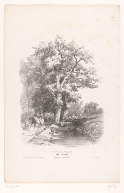 Caçadores com cães ao longo de uma vala em uma floresta Curso de desenho de paisagem (título da série) Cours de Paysage (título da série no objeto) de Louis Julien Jacottet